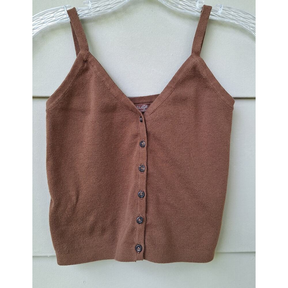 J.GALT Cotton Knit Cropped Tank Top Buttons front Brown XS Open back V neck